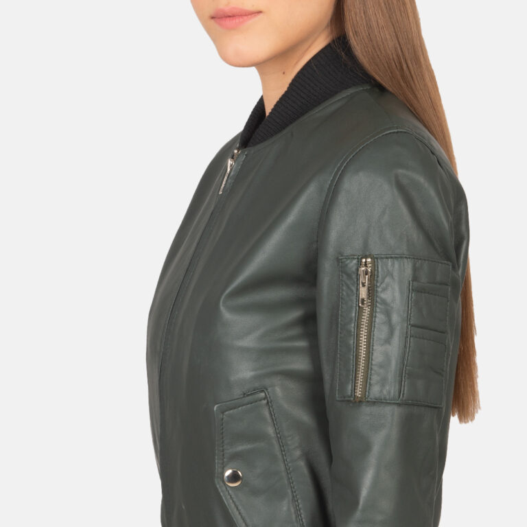 Womens Ava Ma-1 Green Leather Bomber Jacket Close-Up-9-1659372201103